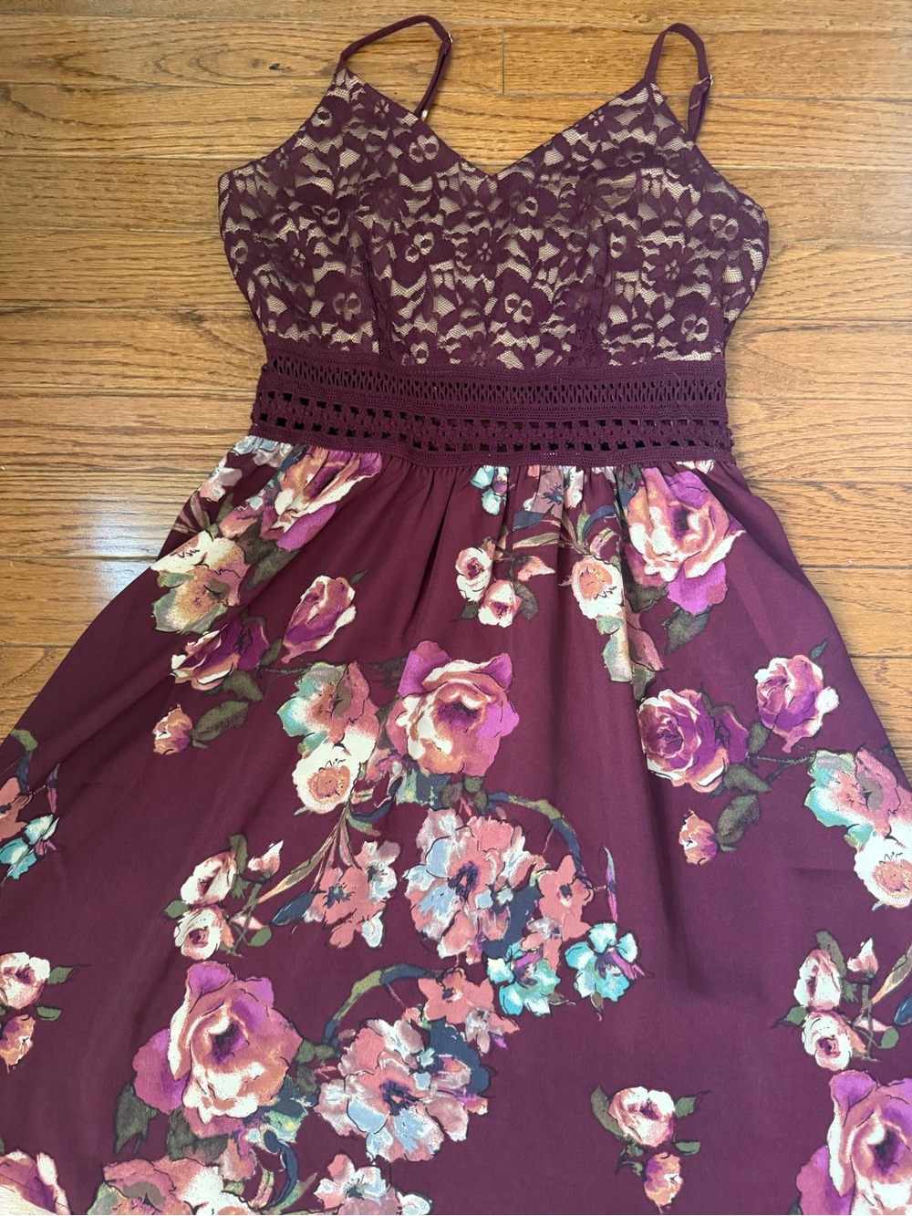 Altar'd State Burgundy Floral Lace Spaghetti-Strap Dress